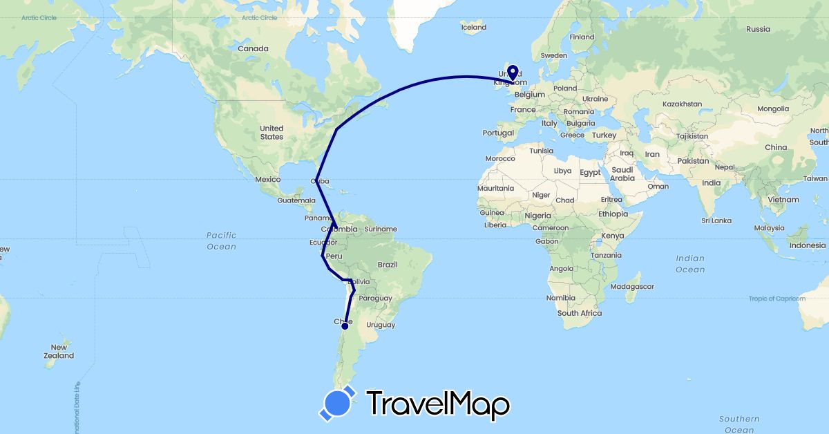 TravelMap itinerary: driving in Bolivia, Chile, Colombia, Cuba, Ecuador, United Kingdom, Peru, United States (Europe, North America, South America)